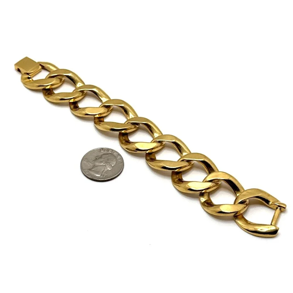 Vintage Chunky Curb Cuban Chain Link Bracelet Gold Tone 1980s Statement 8